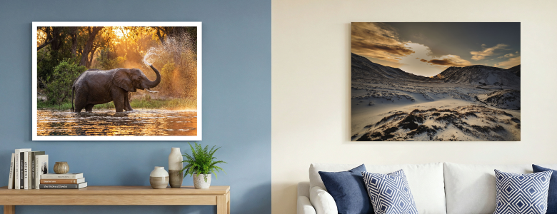 Metal landscape wall art featuring a glossy elephant wildlife print at sunset and a matte snow-covered mountain scene, showcasing the contrast between vibrant glossy and glare-free matte metal finishes