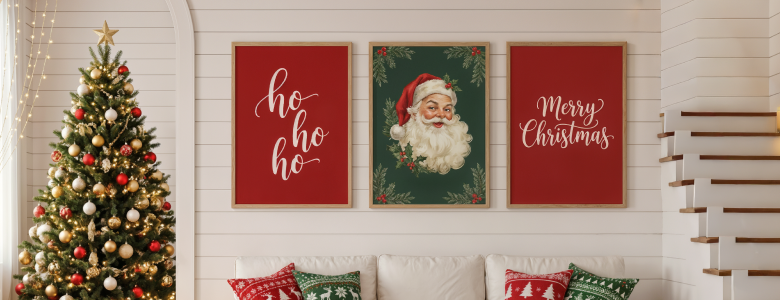 Minimalist Christmas wall art gallery featuring neutral winter prints, evergreen trees, and modern typography in a calm Scandinavian-style living space