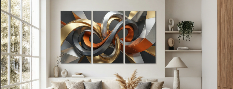 Glossy metal wall art triptych with abstract geometric design in gold, bronze, and charcoal tones displayed above a contemporary sofa
