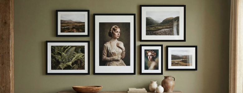 Gallery wall featuring matte metal prints and framed photographs, including vintage portraits and landscape artwork in a modern living room setting