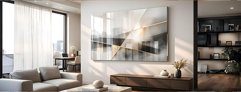 Modern living room interior showcasing 2026 home decor trends with abstract wall art, neutral color palette, minimalist furniture, and warm natural lighting.