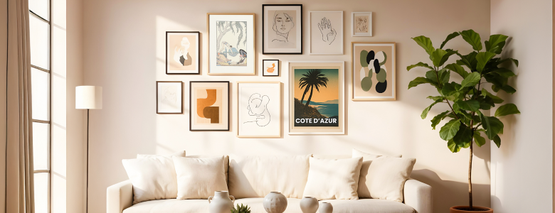 Modern console table with a pair of framed vintage and contemporary art prints, accented by a potted plant and ceramic décor