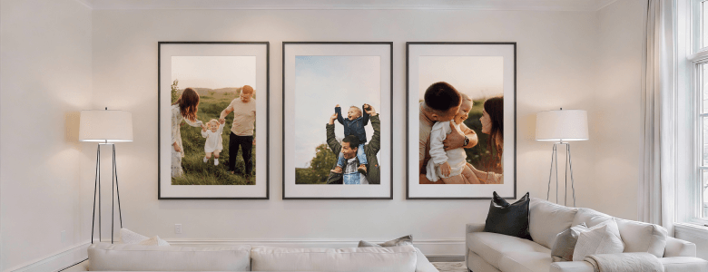 Warm living room with framed family photos and soft ambient lighting