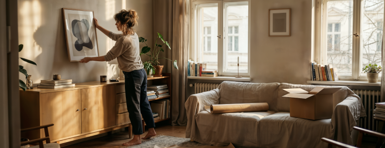 Artist hanging framed wall art in a sunlit living room, illustrating print on demand décor created only when needed to reduce waste