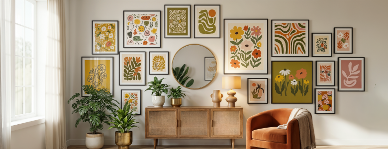 Custom gallery wall with botanical art prints above a wooden console, round mirror, indoor plants and an orange accent chair in a modern living room