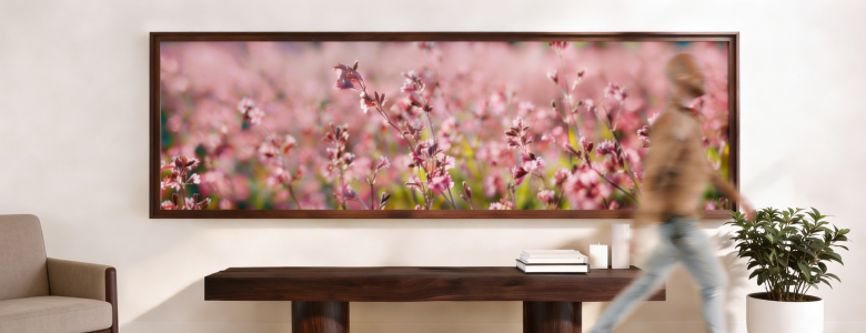 Large panoramic floral canvas print above wooden console table for spring living room wall decor