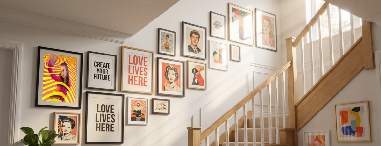 Summer home refresh with custom canvas prints on staircase wall featuring modern framed artwork, bright natural light, and cozy interior decor