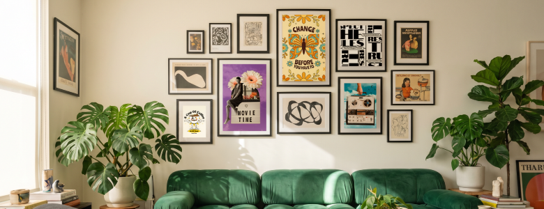 Custom canvas print gallery wall in modern summer living room with green velvet sofa, indoor plants, and framed wall art decor
