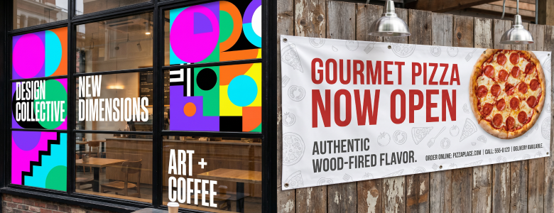 Adhesive window banners and outdoor vinyl banner displaying summer promotional signage for retail and restaurant businesses