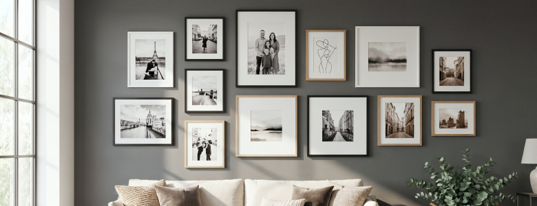 Custom art prints arranged in a modern gallery wall above a sofa, showcasing framed photography and personalized wall décor for home interiors.