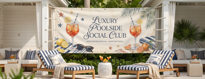 Custom outdoor vinyl banner for summer event marketing and poolside promotional branding