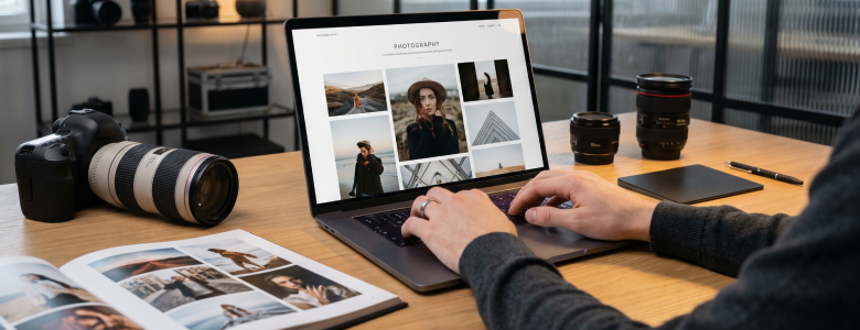 Designer creating personalized photo prints for custom wall art and festive gifts on a laptop