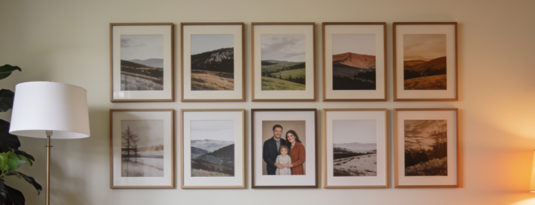 Wall cluster gallery featuring framed family photos and landscape prints for personalized custom wall décor in a modern living room