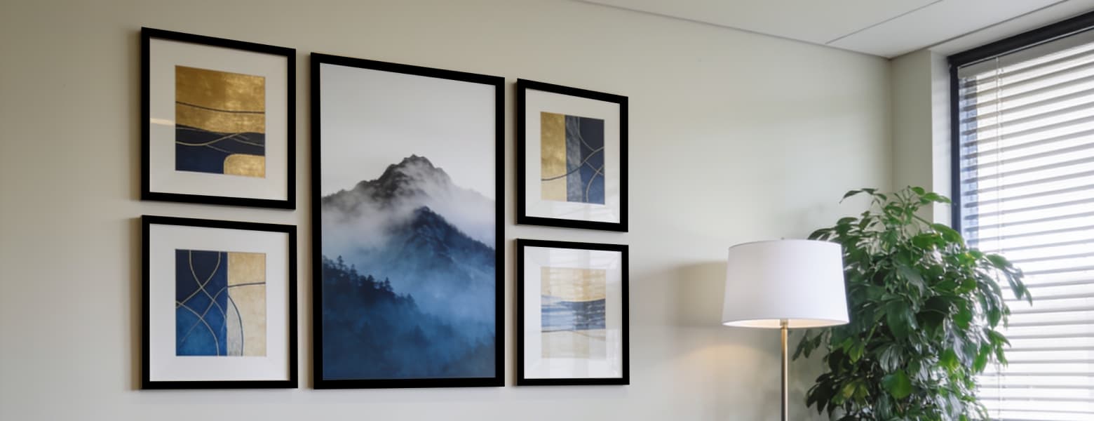 Custom printed acoustic panels with mountain artwork reducing echo while enhancing modern office wall décor