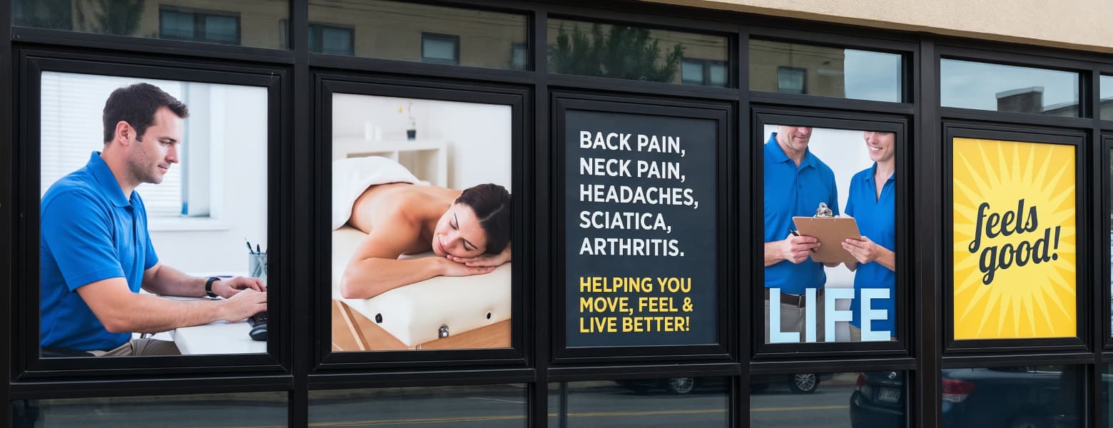 Healthcare clinic storefront featuring custom window graphics showcasing chiropractic services and wellness messaging.
