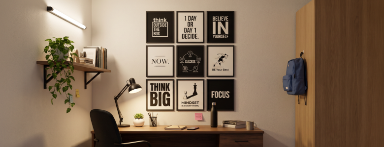Back-to-school study corner with motivational posters, organized desk, and personalized wall prints for kids' learning space