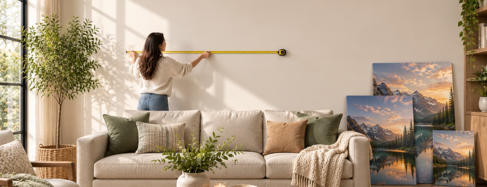 Woman measuring living room wall for canvas art size