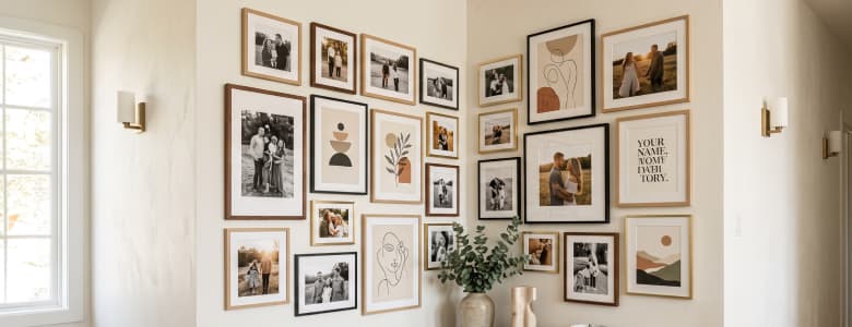 Gallery wall with family photos in different frame sizes and styles
