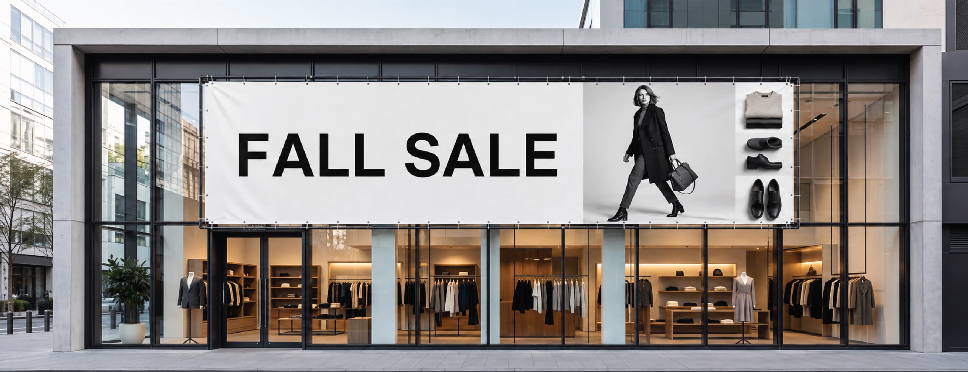 Fall retail store signage with large fall sale banner and seasonal storefront display