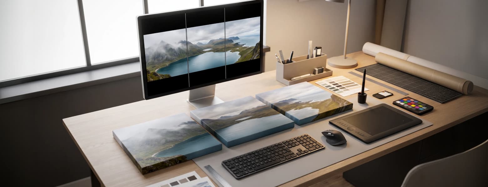 Split-panel landscape photo art displayed across multiple canvas panels on a designer workspace desk