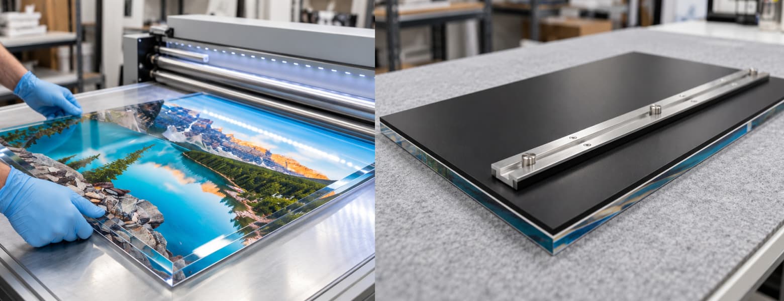 Acrylic photo printing and face mounting process showing a landscape print being bonded to clear acrylic